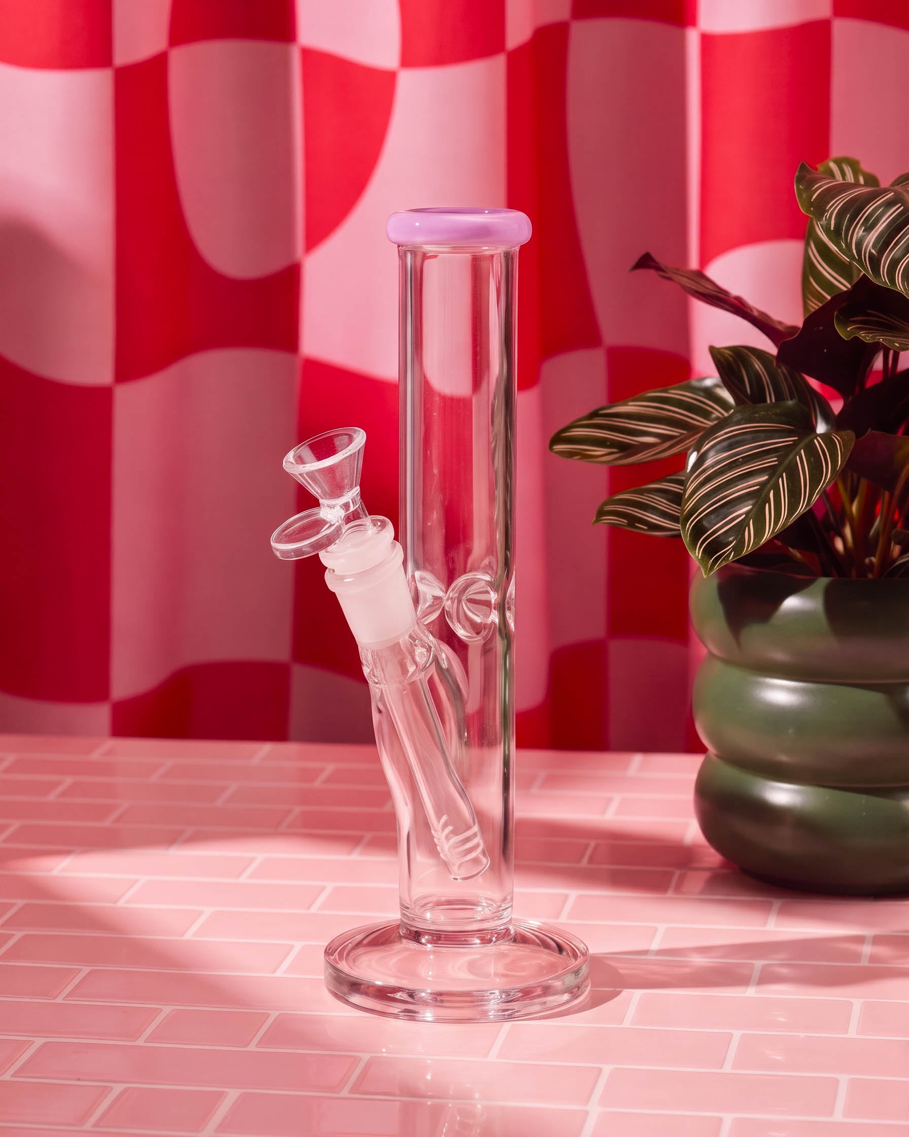 Clear 8-inch straight tube glass bong with a lavender mouthpiece rim, round base, removable downstem, and 14mm glass bowl.