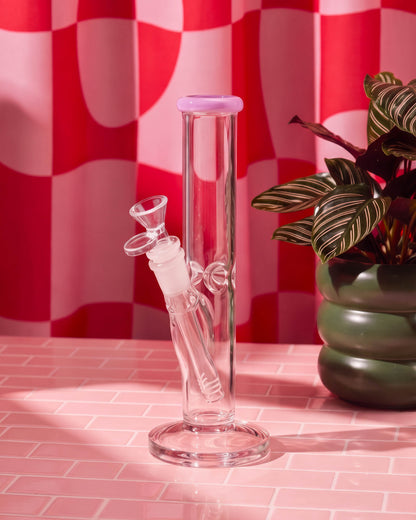 Clear 8-inch straight tube glass bong with a lavender mouthpiece rim, round base, removable downstem, and 14mm glass bowl.