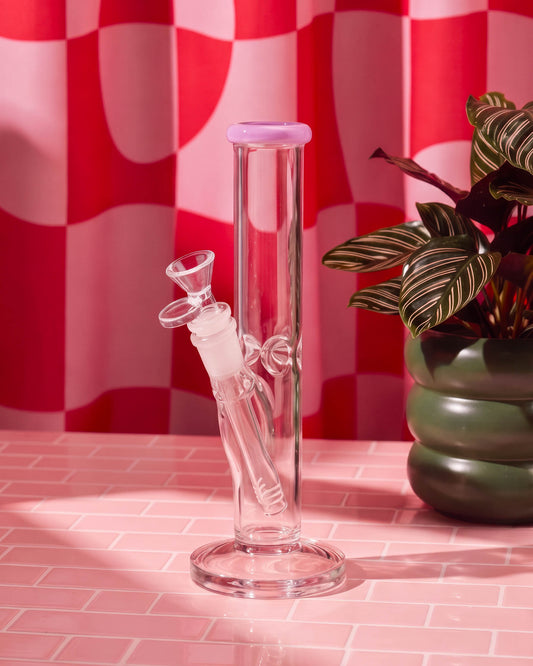 Clear 8-inch straight tube glass bong with a lavender mouthpiece rim, round base, removable downstem, and 14mm glass bowl.