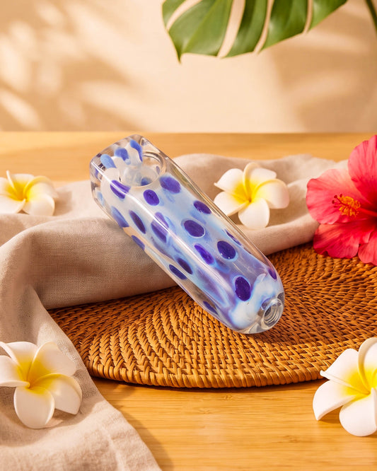 3.5-inch clear glass hand pipe with milky blue swirls, purple bubble-like spots, built-in bowl, and smooth rounded mouthpiece.