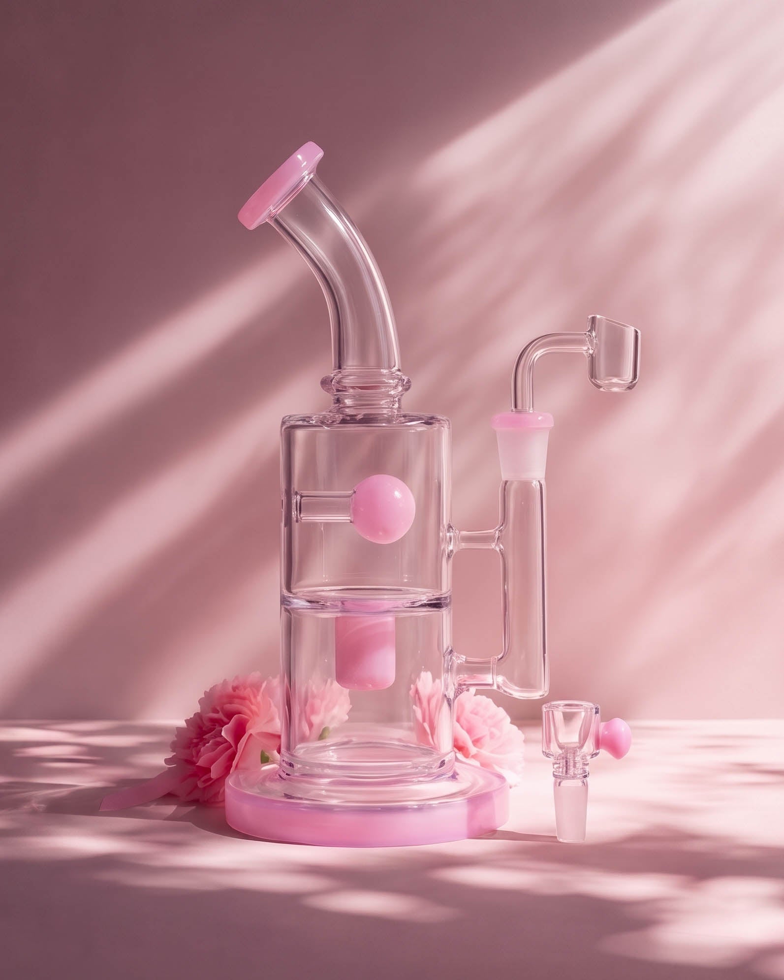 Clear 9-inch bong and dab rig with milky pink accents, curved neck, internal perc, round base, 14mm bowl, and glass banger.
