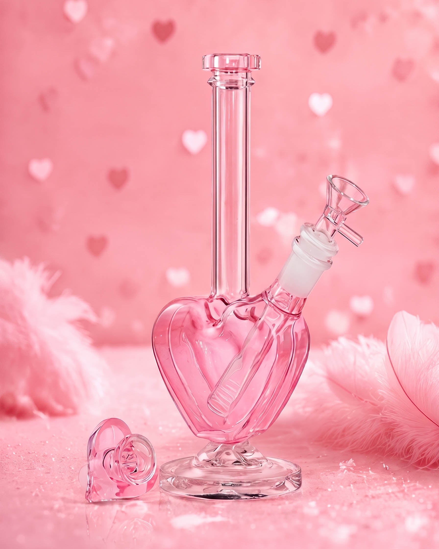 Pink 9-inch heart-shaped glass bong with a clear round base, straight neck, downstem, and removable 14mm heart bowl.
