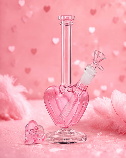 Pink 9-inch heart-shaped glass bong with a clear round base, straight neck, downstem, and removable 14mm heart bowl.