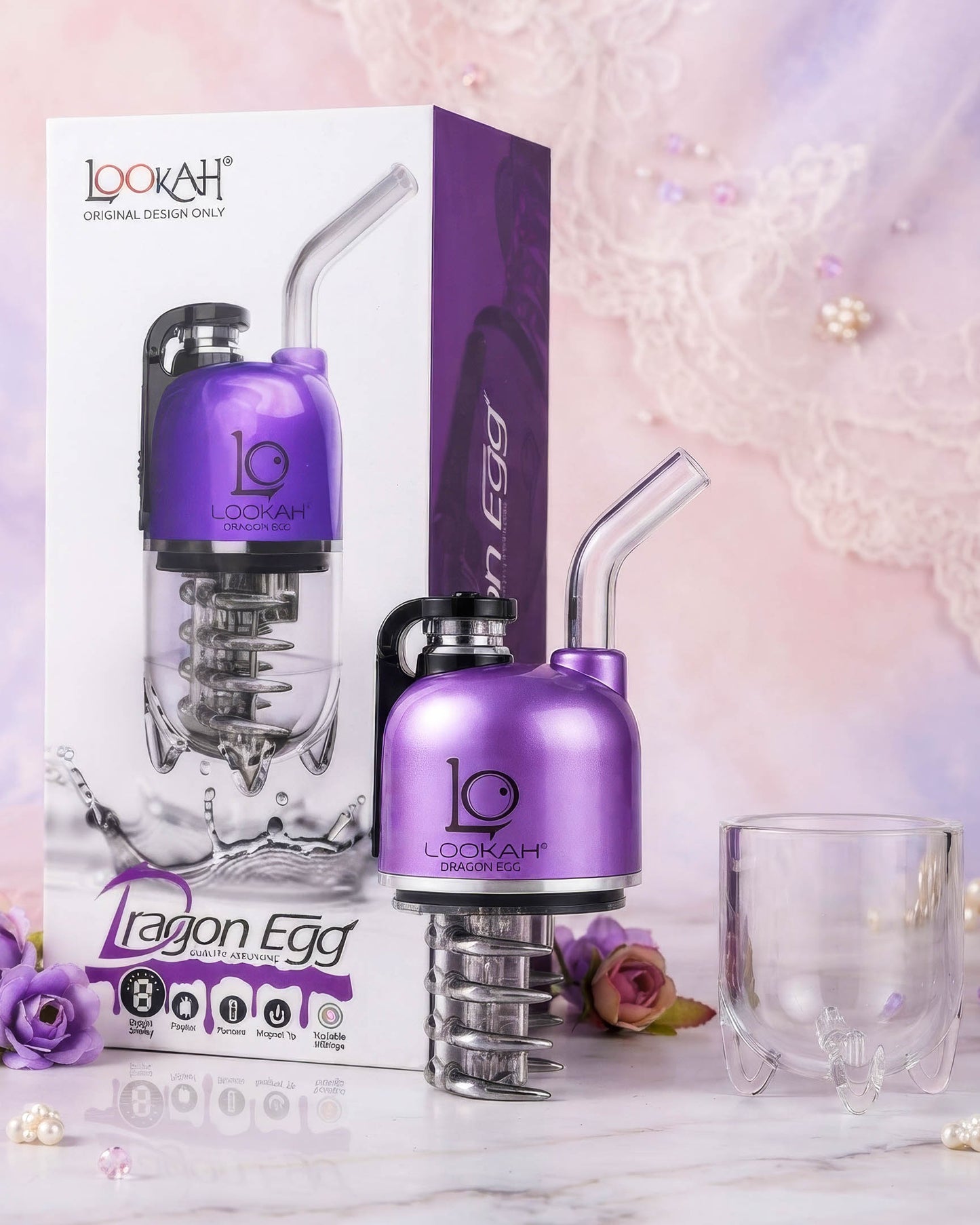 Purple Lookah Dragon Egg portable e-rig with an egg-shaped body, clear glass mouthpiece, digital display, and transparent water-filtration chamber.