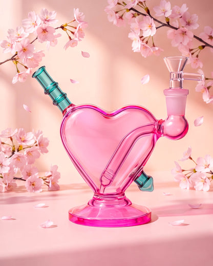 Pink 7-inch heart-shaped glass bong with aqua arrow detail, pedestal base, angled downstem, and removable 14mm glass bowl.