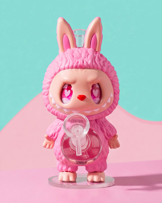 Pink 9-inch Lafafu character bong with bunny ears, heart-shaped eyes, clear round water chamber, sturdy base, and removable 14mm glass bowl.