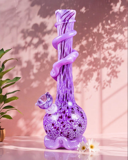 Purple 12-inch mermaid-inspired glass bong with swirling lavender accents, sparkling stardust details, sculpted base, and a 14mm bowl.
