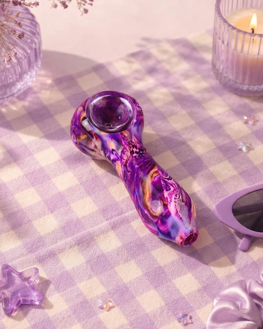 Purple 4-inch glass hand pipe with swirling pink, violet, white, and amber nebula-style colors, rounded bowl, and side carb.